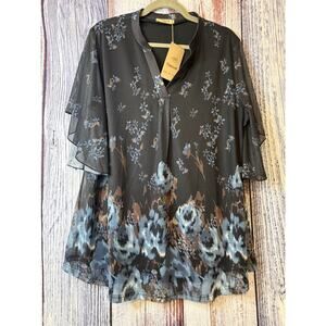 Timeson Black Blouse with Blue Flower Print NWT XXL